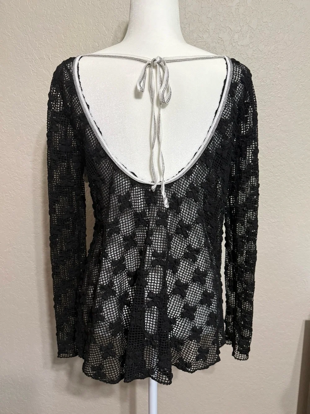 Free People Grady Black Crochet Open Back Long Sleeve Top ($98) - Oversized XS